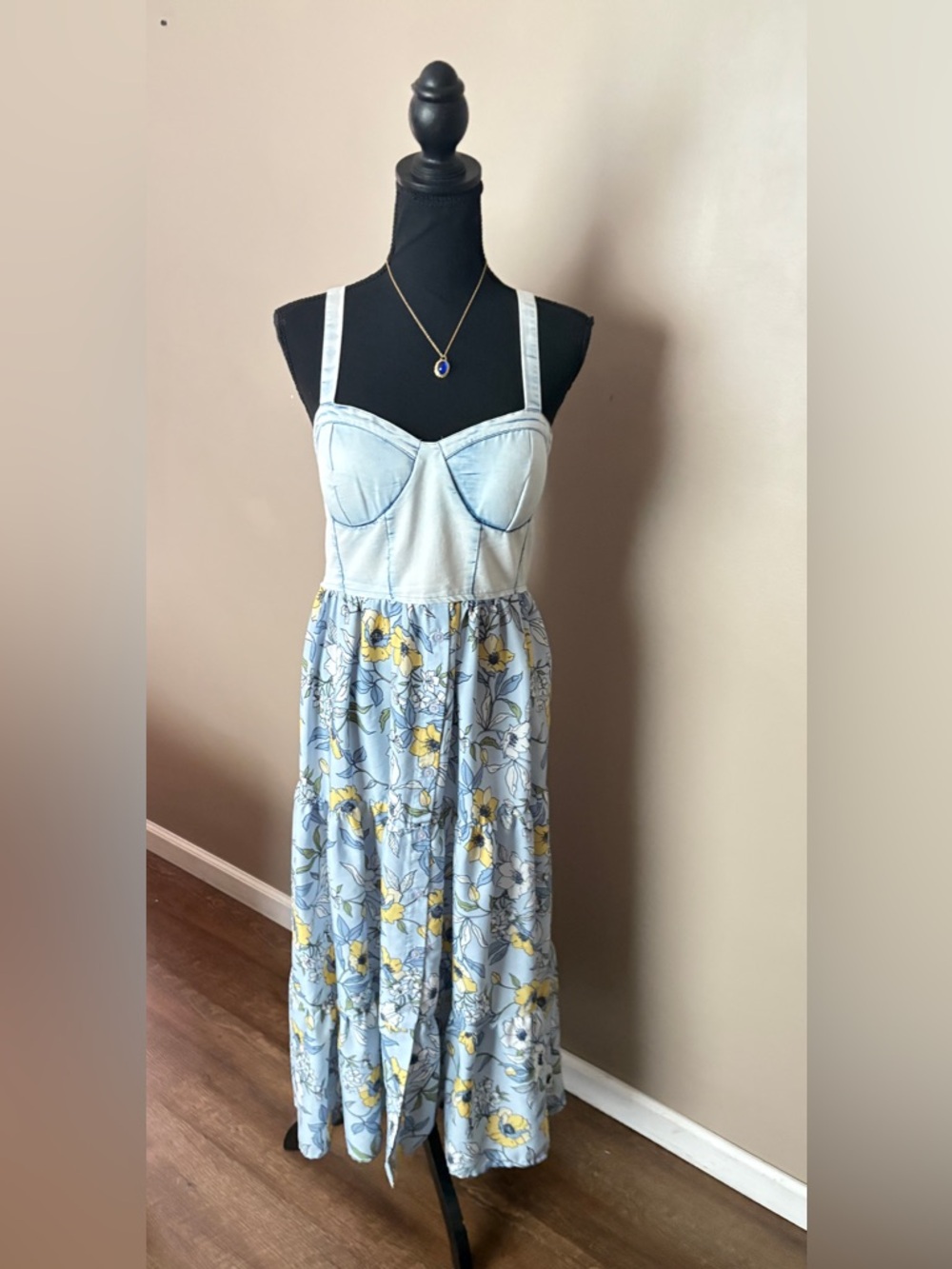 BOG Collective denim corset smocked floral tiered maxi dress festival boho M/L